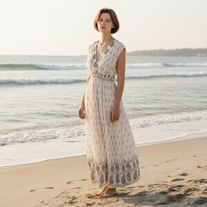 Lapogee White Brown Boho Maxi Dress Size S Rayon V Neck Empire Waist